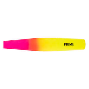 Side view of a pink, orange, and yellow fade baseball bat section with PRIME printed in black on the yellow barrel.