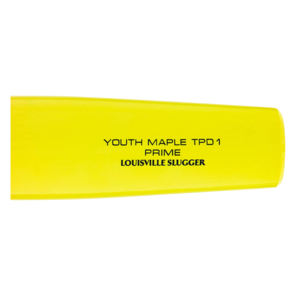 Close-up of a bright yellow baseball bat barrel with YOUTH MAPLE TPD 1 PRIME LOUISVILLE SLUGGER printed in black.
