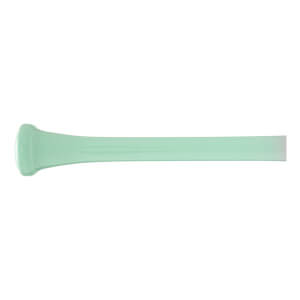 Side view of a light green baseball bat with a distinct knob and a barrel fading to white.