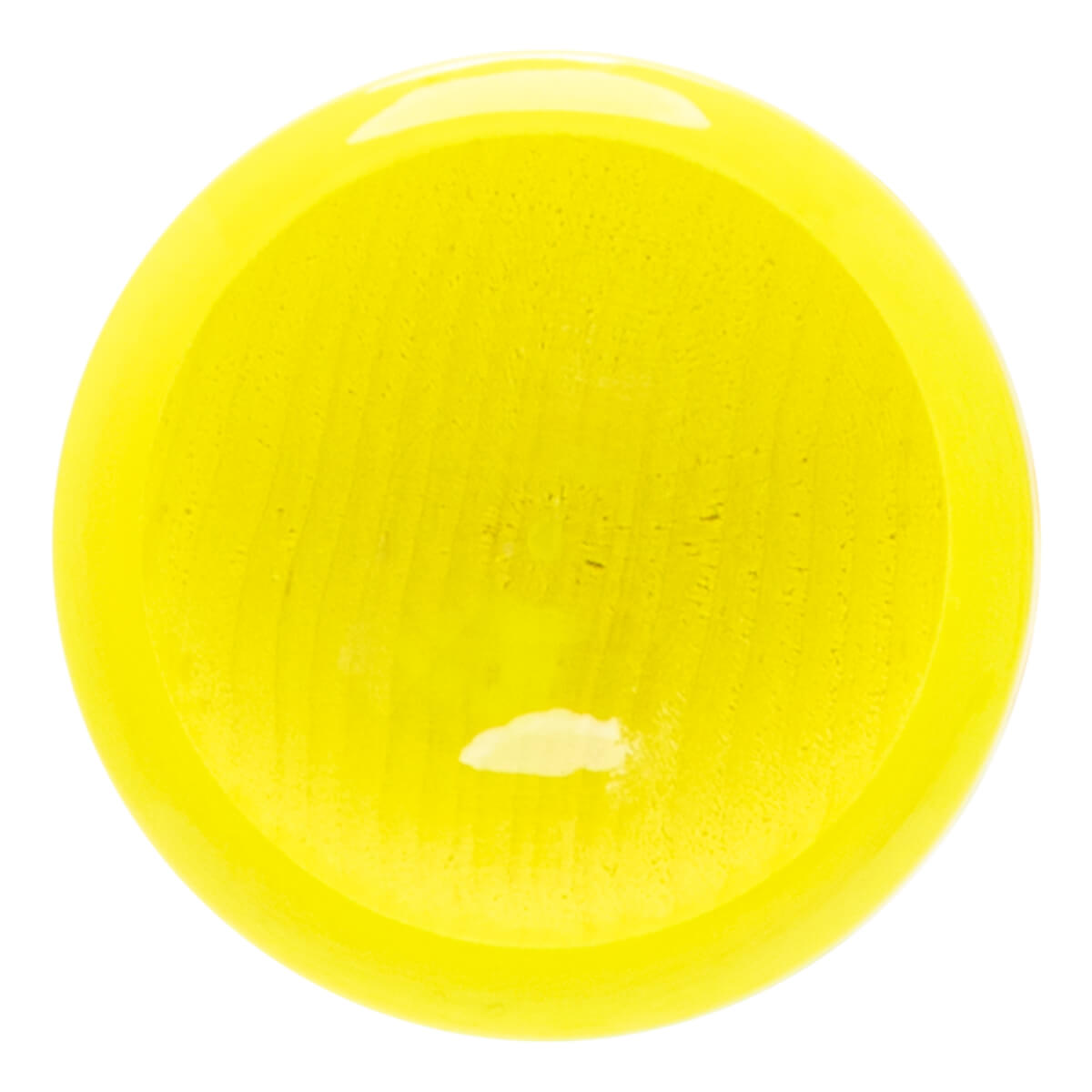 Top-down view of a bright yellow baseball bat end with a glossy finish and visible wood grain texture.
