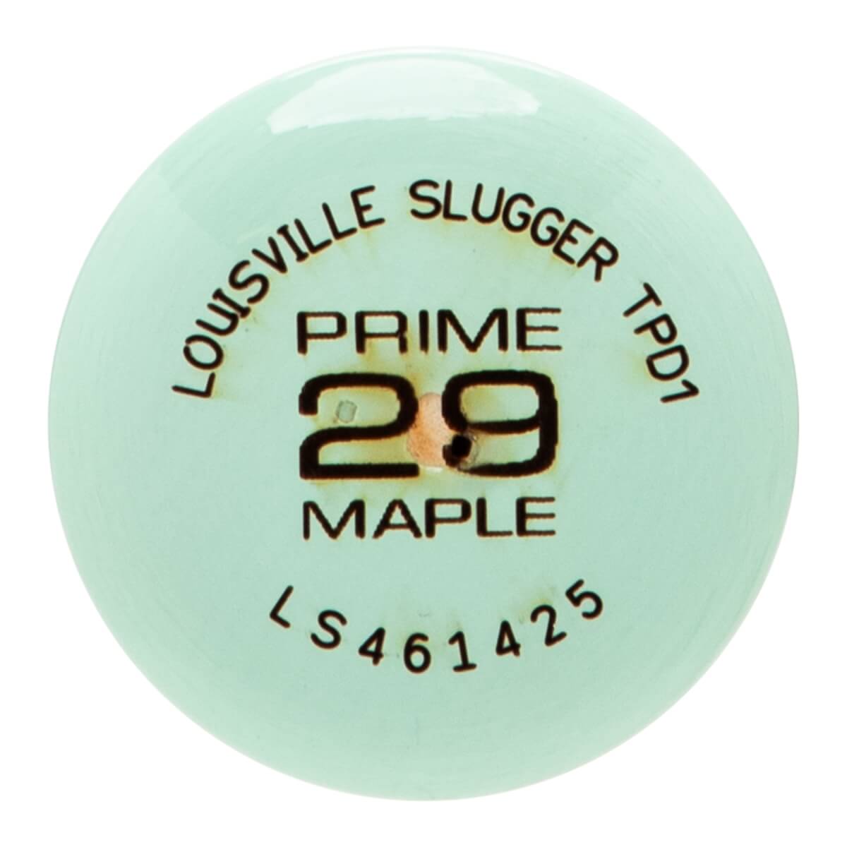 End view of a light green baseball bat with Louisville Slugger Prime TPD1 29 Maple and LS461425 text.