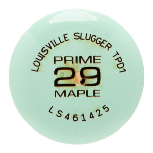 End view of a light green baseball bat with Louisville Slugger Prime TPD1 29 Maple and LS461425 text.