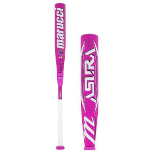 Composite view of a pink Marucci ASURA fastpitch softball bat with a white grip and bold white graphics.