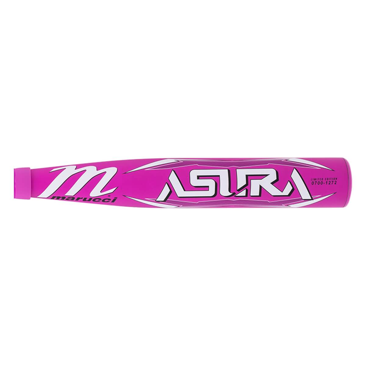 Side view of a pink fastpitch softball bat with Marucci logo and prominent white ASURA text.
