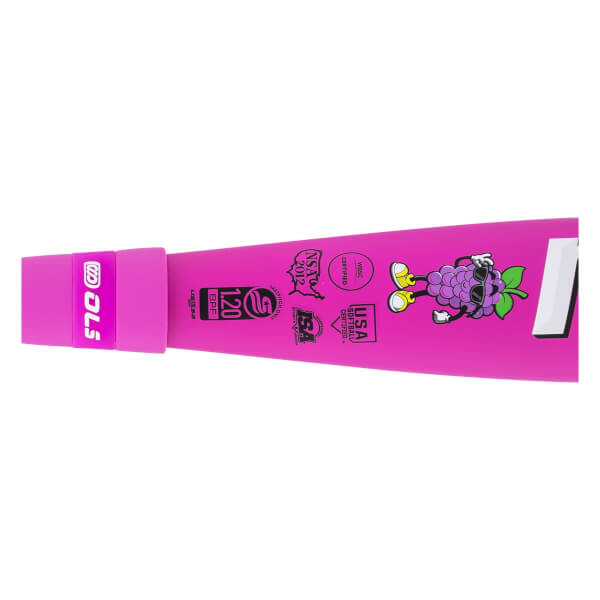 Close-up side view of a berry crush softball bat with a cartoon grape character, certification logos, and DLS branding.