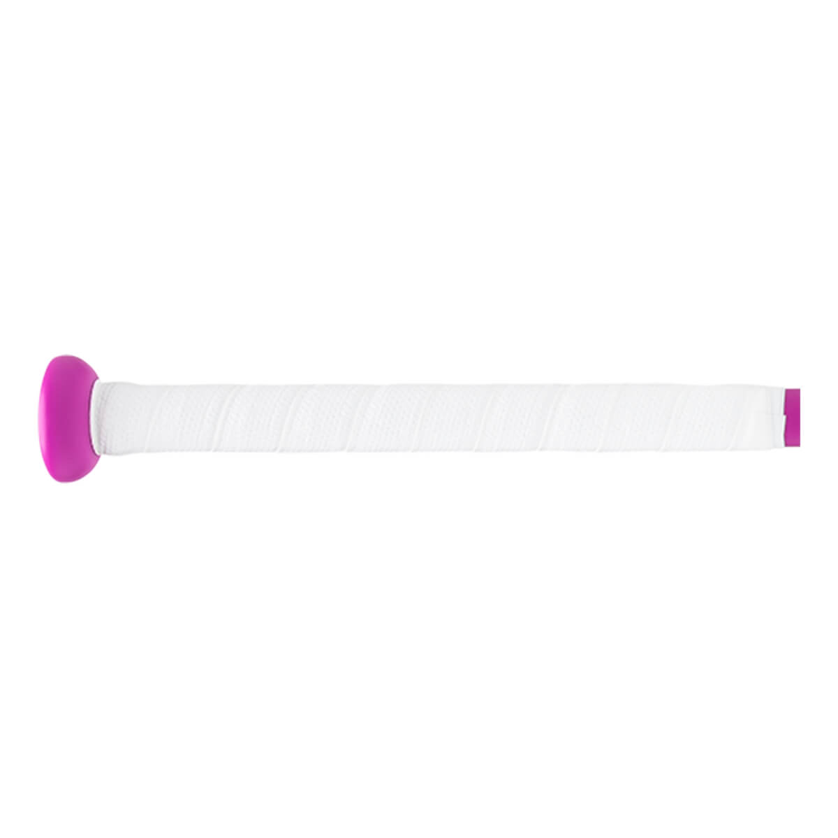 Side view of a fastpitch softball bat handle with a bright pink knob, white textured grip tape, and a magenta end band.