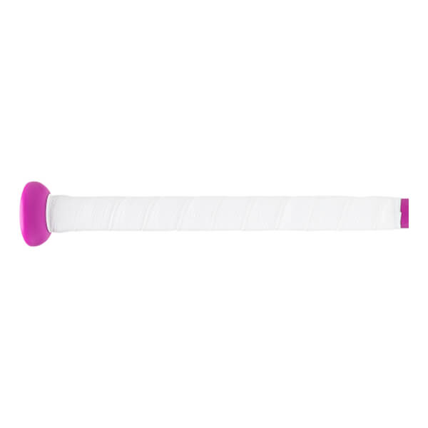 Side view of a fastpitch softball bat handle with a bright pink knob, white textured grip tape, and a magenta end band.