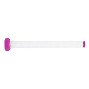 Side view of a fastpitch softball bat handle with a bright pink knob, white textured grip tape, and a magenta end band.