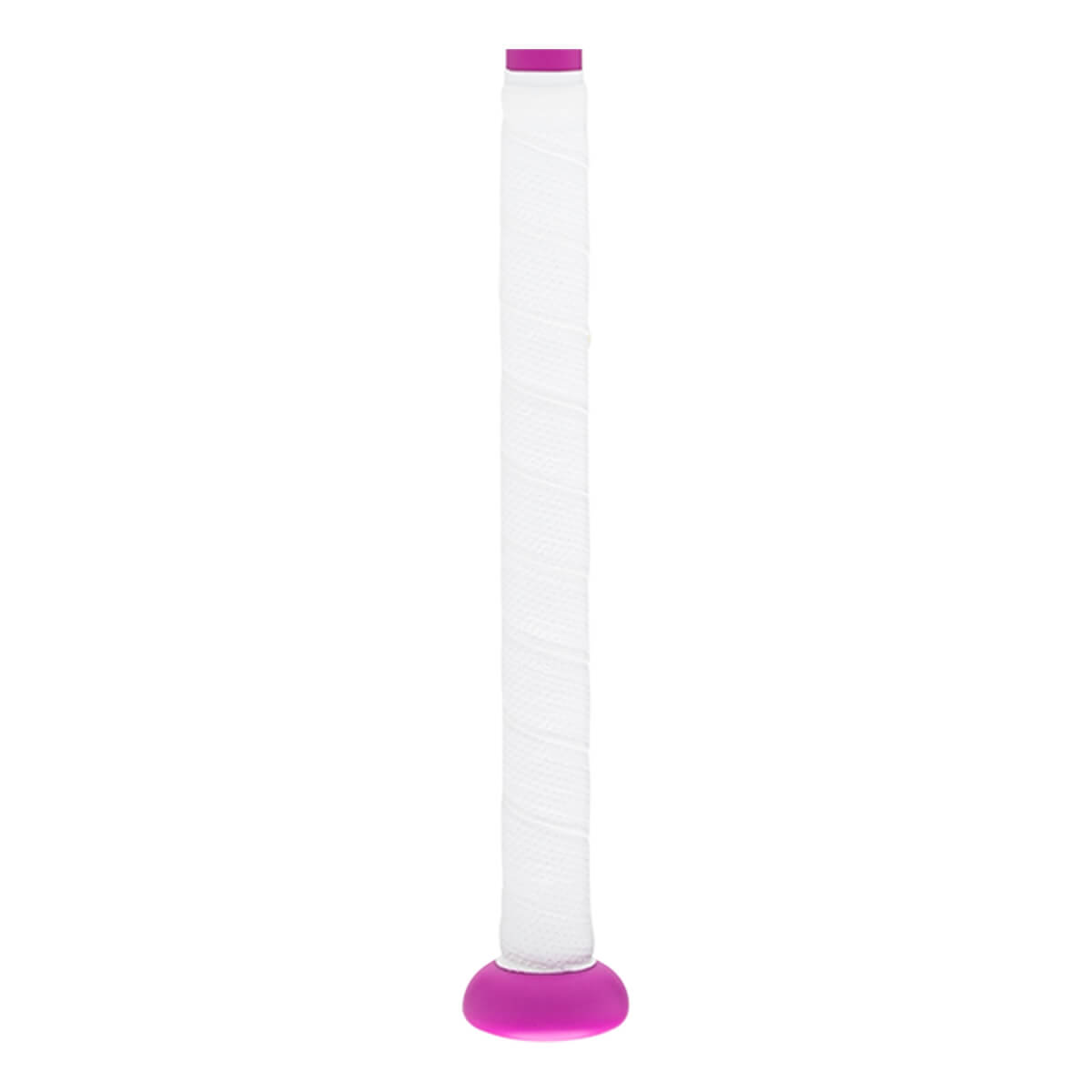Full view of a white textured softball bat grip with a magenta knob and end cap.