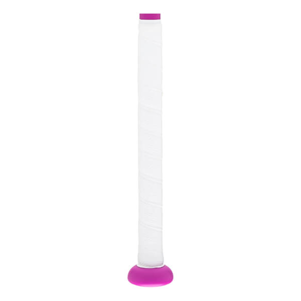Full view of a white textured softball bat grip with a magenta knob and end cap.