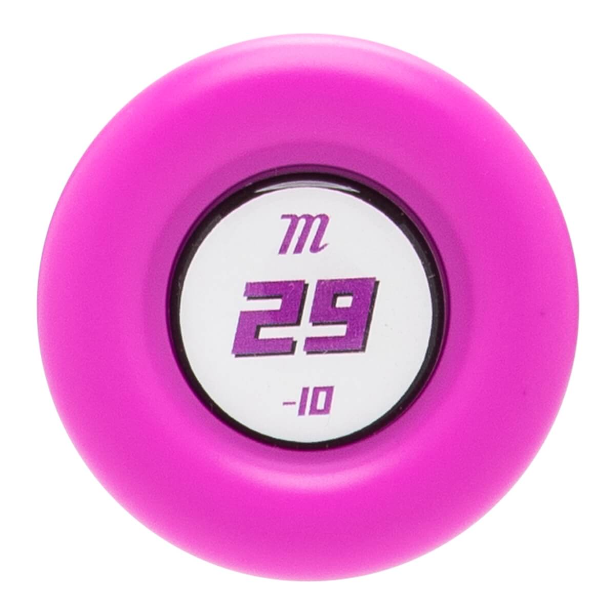 Top-down view of a pink softball bat end cap with a white center displaying a purple m logo, 29, and -10.