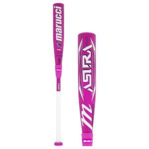 Side view of a pink fastpitch softball bat with white grip, alongside a close-up of its barrel with Marucci and ASURA logos.