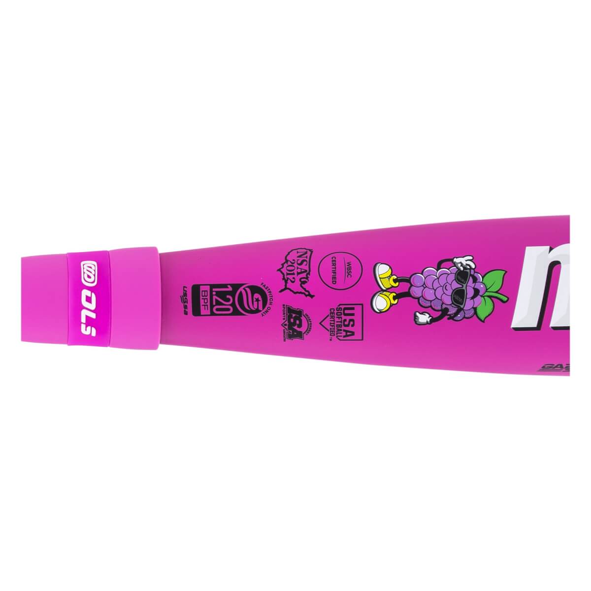 Close-up side view of a pink fastpitch softball bat with a cartoon grape character, certification logos, and Marucci text.