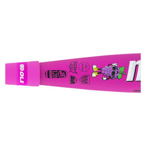 Close-up side view of a pink fastpitch softball bat with a cartoon grape character, certification logos, and Marucci text.