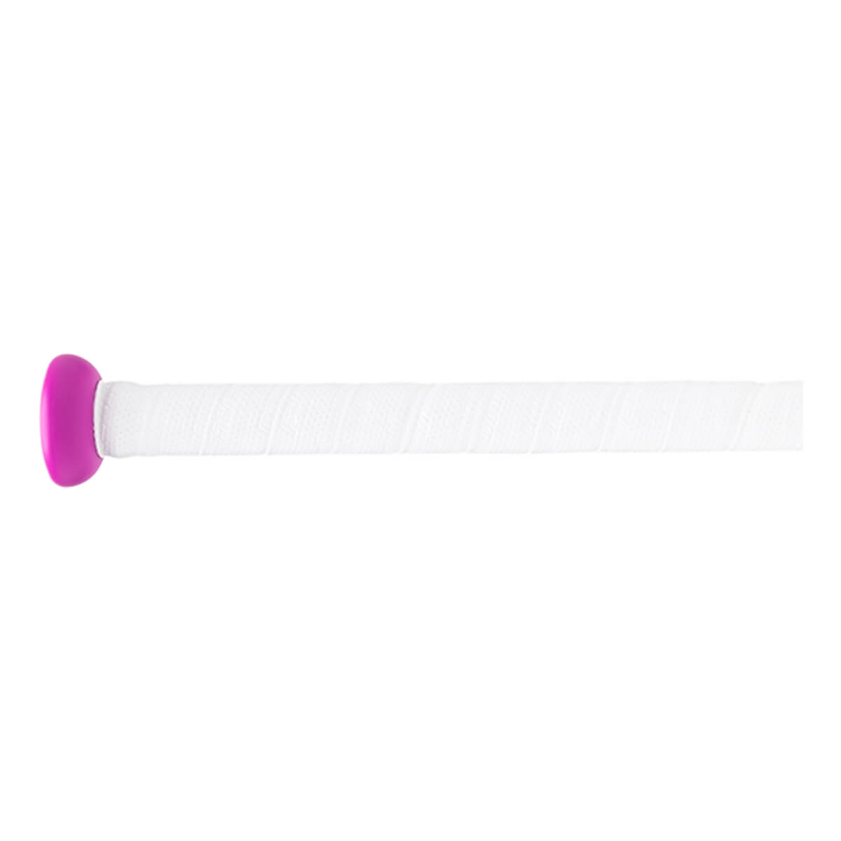 Side view of a fastpitch softball bat with a magenta knob and a white textured grip.