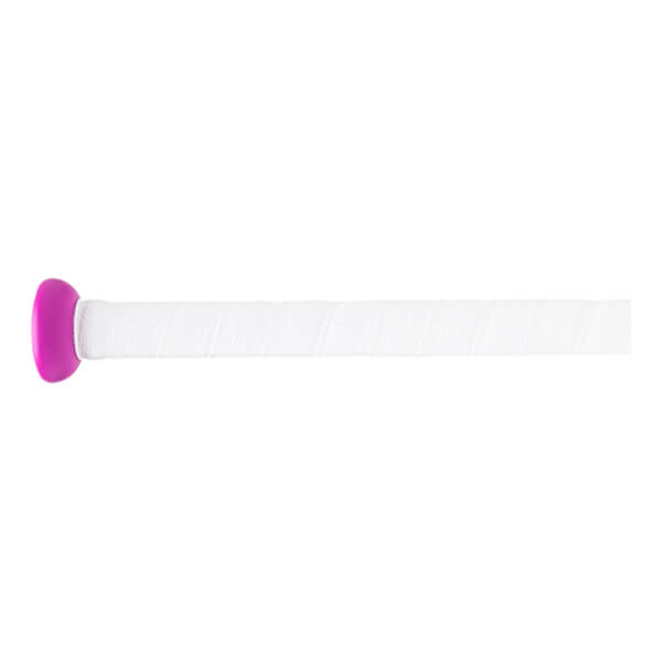 Side view of a fastpitch softball bat with a magenta knob and a white textured grip.
