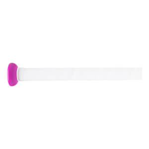 Side view of a fastpitch softball bat with a magenta knob and a white textured grip.