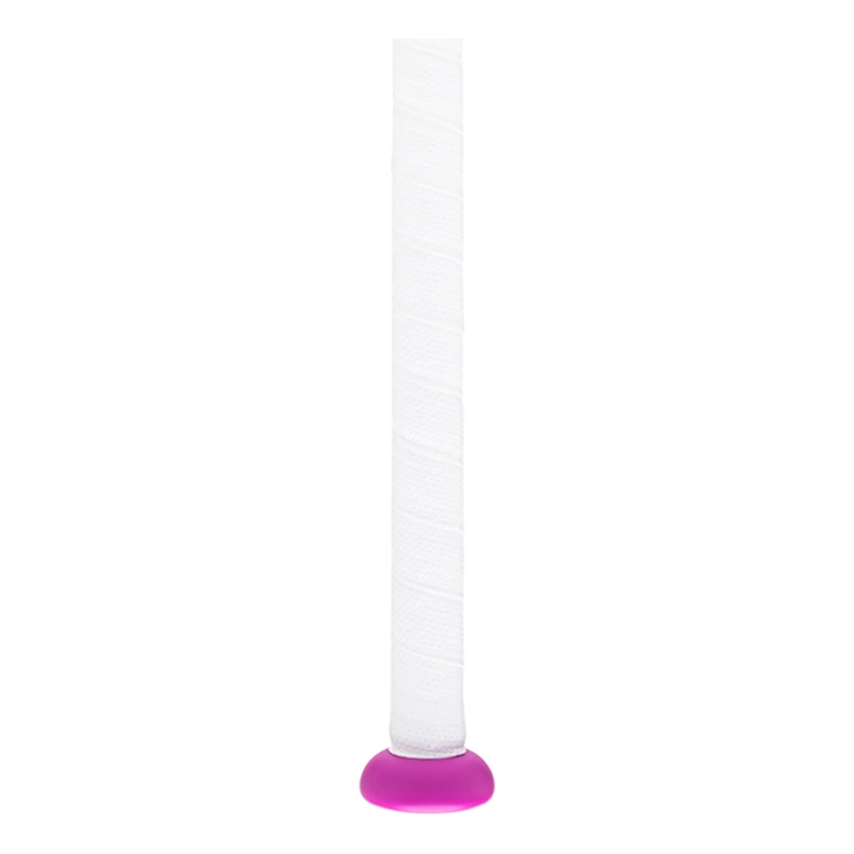 Close-up of handle of white and magenta fastpitch softball bat with a white wrapped grip and a magenta knob.