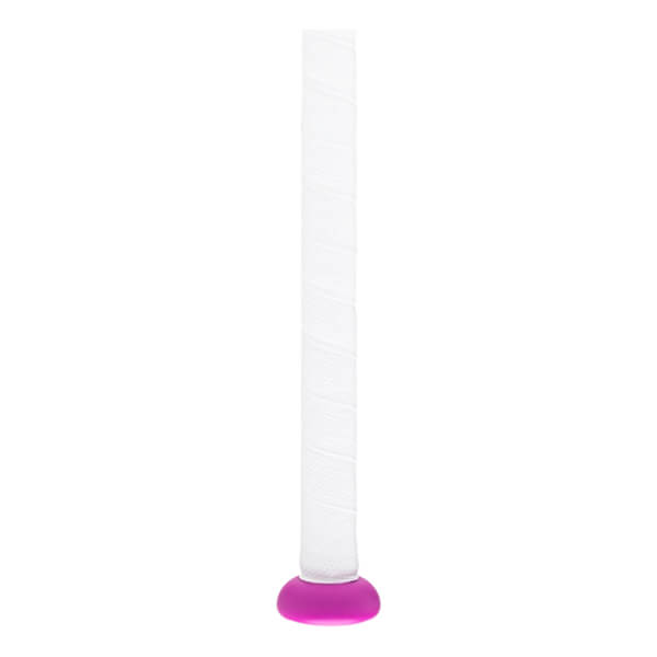 Close-up of handle of white and magenta fastpitch softball bat with a white wrapped grip and a magenta knob.