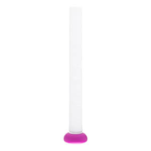 Close-up of handle of white and magenta fastpitch softball bat with a white wrapped grip and a magenta knob.