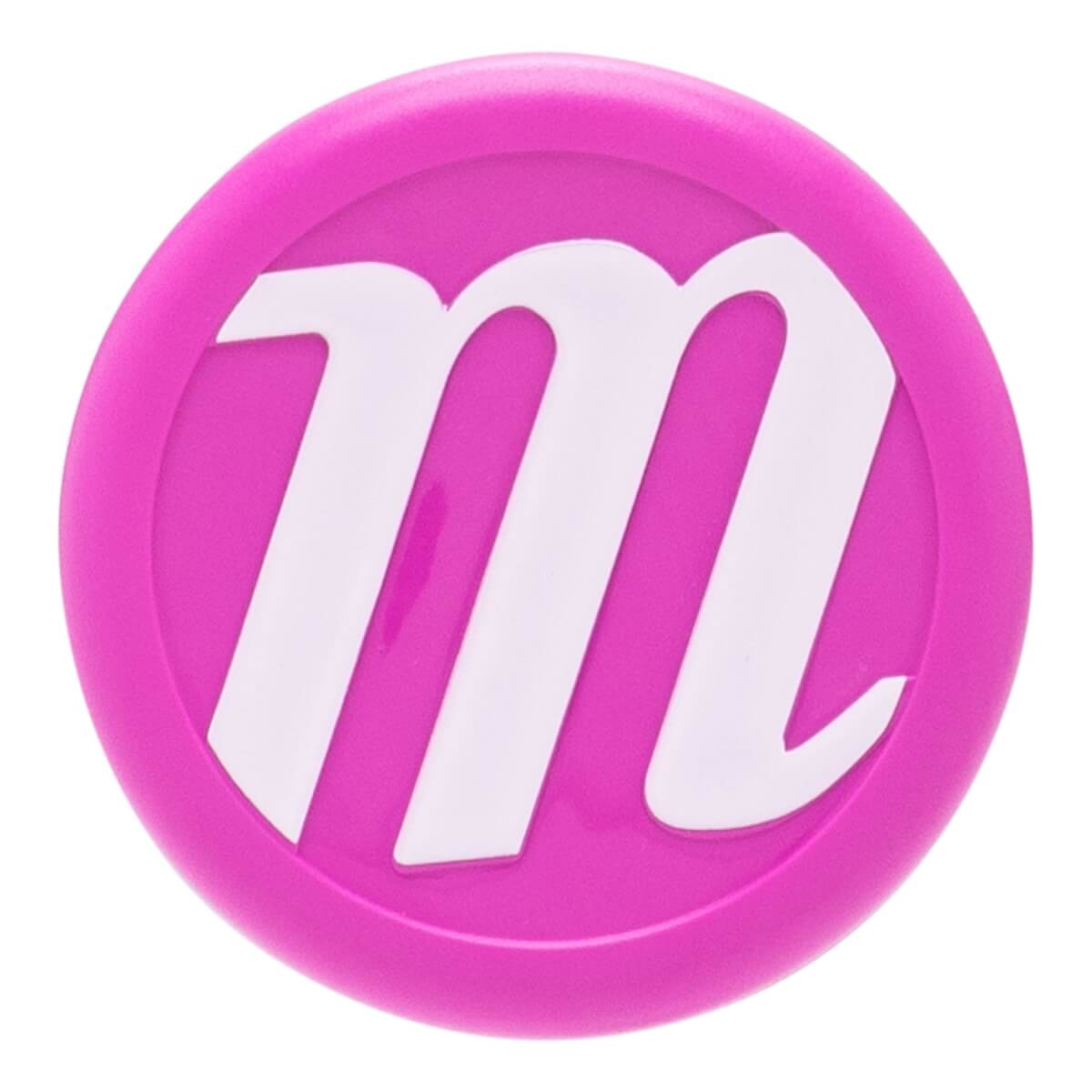 Close-up of a pink circular bat end cap with a raised white m logo.