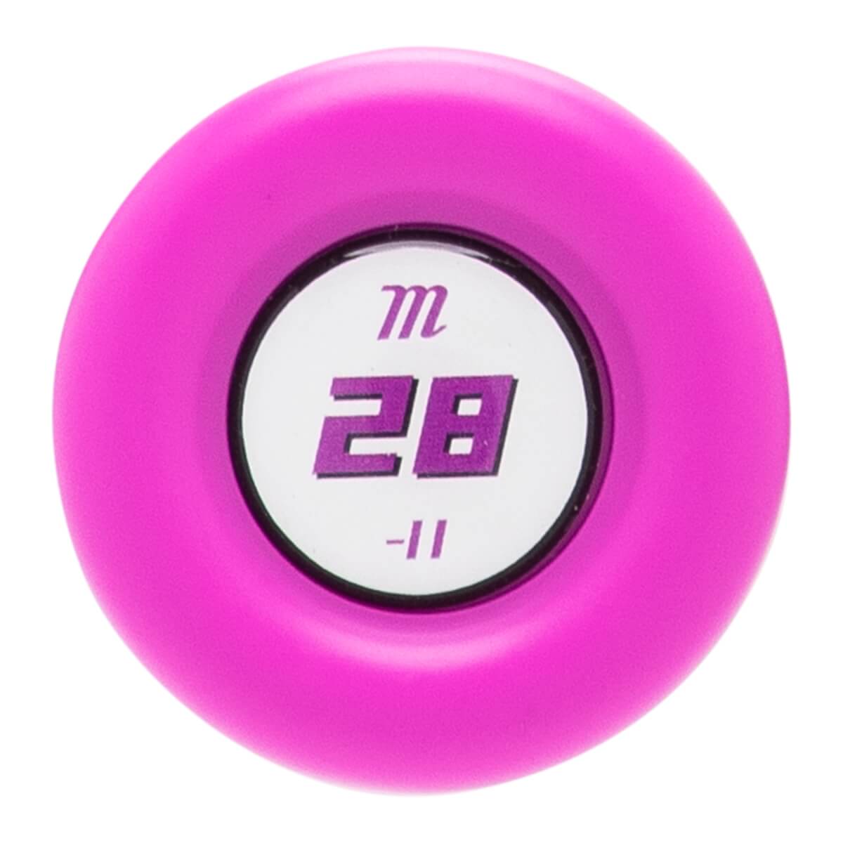 Top-down view of a pink fastpitch softball bat end cap with a white circle and purple Marucci m, 28, and -11 text.