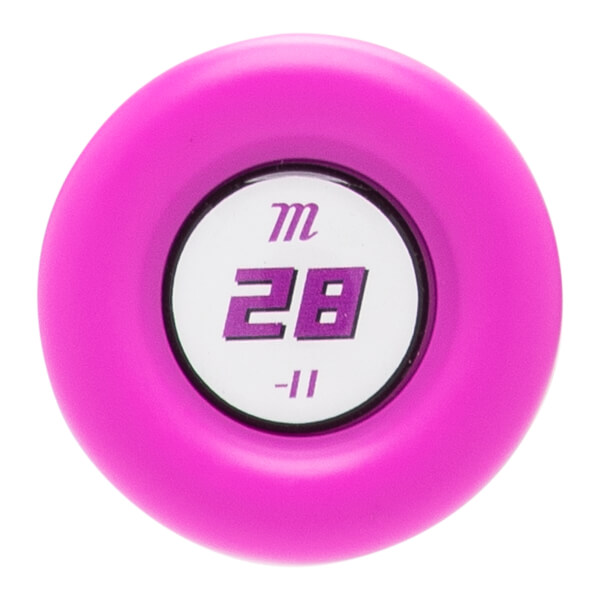 Top-down view of a pink fastpitch softball bat end cap with a white circle and purple Marucci m, 28, and -11 text.