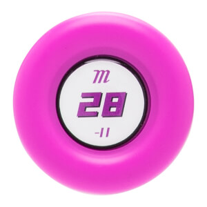 Top-down view of a pink fastpitch softball bat end cap with a white circle and purple Marucci m, 28, and -11 text.