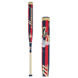 Front view of a baseball bat with red and blue stripes, "Marucci" text, and a "USA Softball" logo.