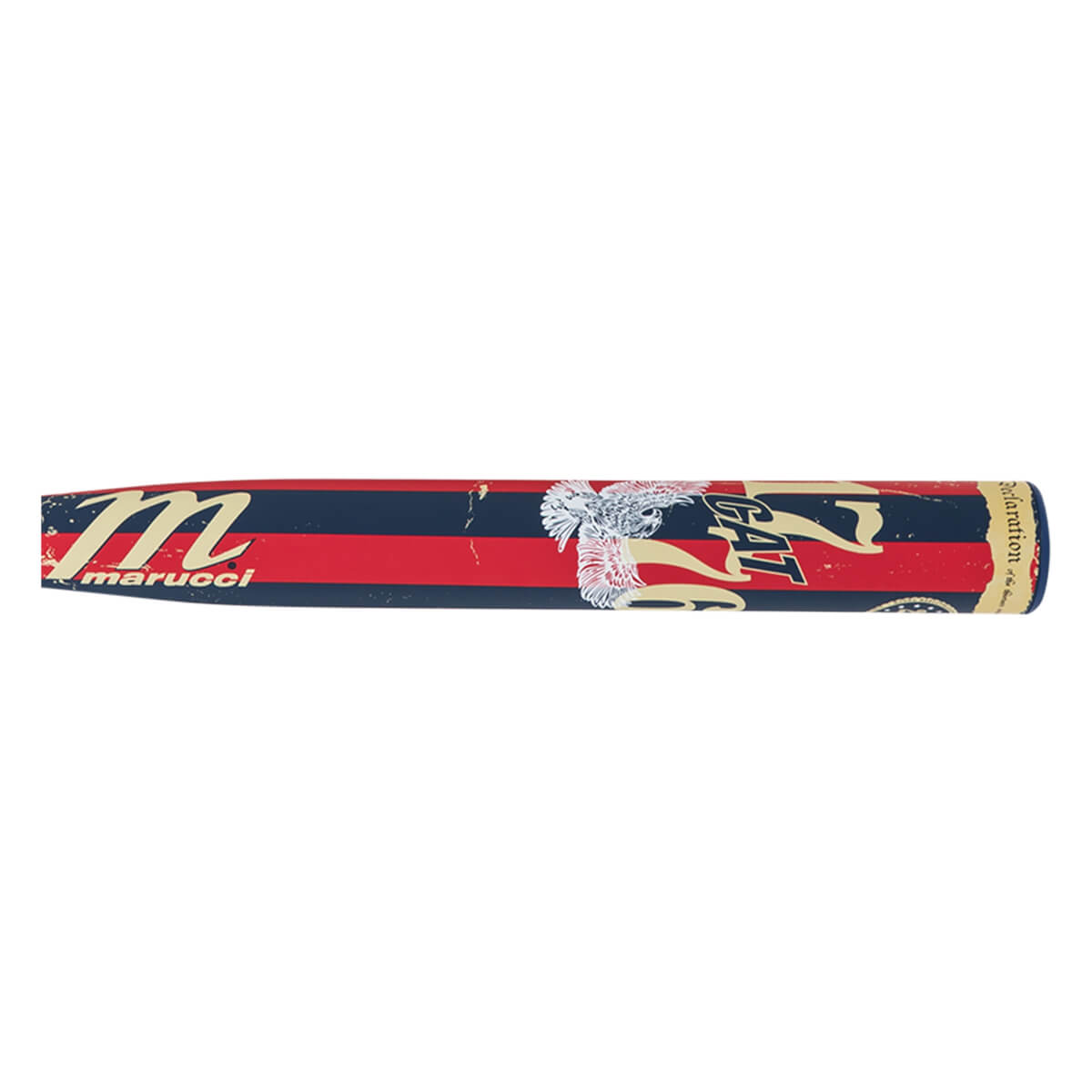 Side view of a Marucci baseball bat with red, navy, and cream stripes, an eagle graphic, and the word "GAT".