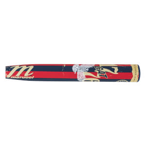 Side view of a Marucci baseball bat with red, navy, and cream stripes, an eagle graphic, and the word "GAT".