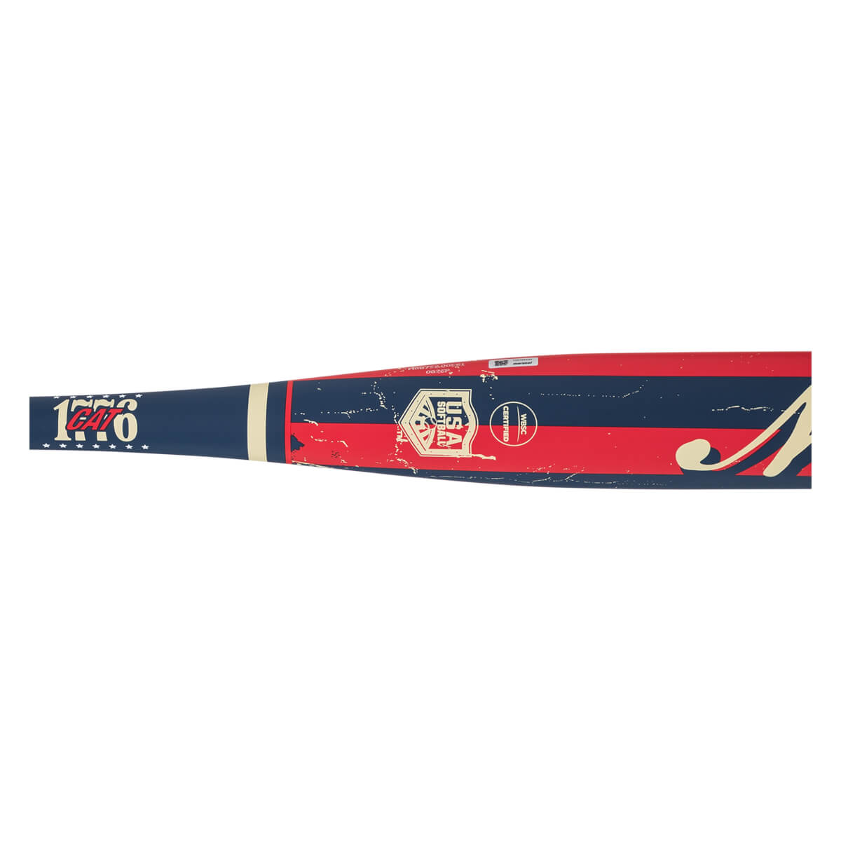 Side view of a baseball bat with "1776 CAT" and USA Softball logo.