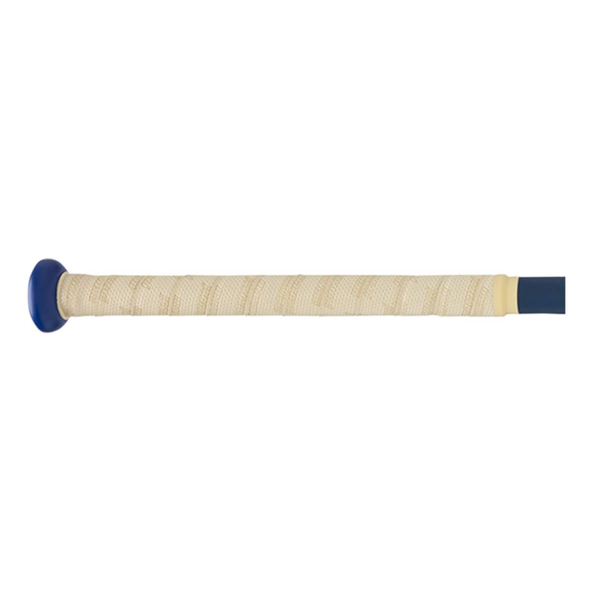 Side view of a baseball bat with a blue knob, textured tan grip, and dark blue barrel end.