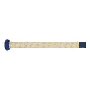 Side view of a baseball bat with a blue knob, textured tan grip, and dark blue barrel end.