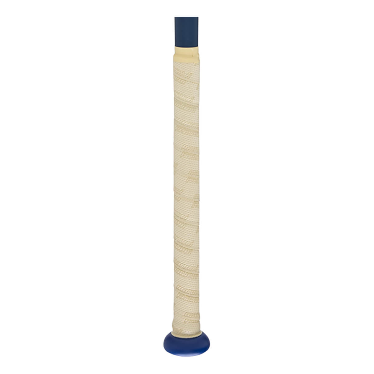 Close-up of a baseball bat handle with a textured beige grip and a blue knob.