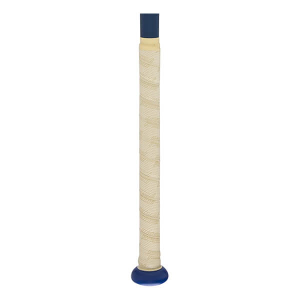 Close-up of a baseball bat handle with a textured beige grip and a blue knob.