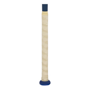 Close-up of a baseball bat handle with a textured beige grip and a blue knob.