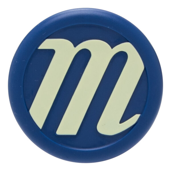 Close-up of a blue circular cap with a light yellow "m" logo.