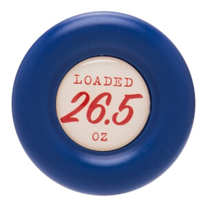 Top-down view of a blue knob with red text reading "LOADED 26.5 OZ".