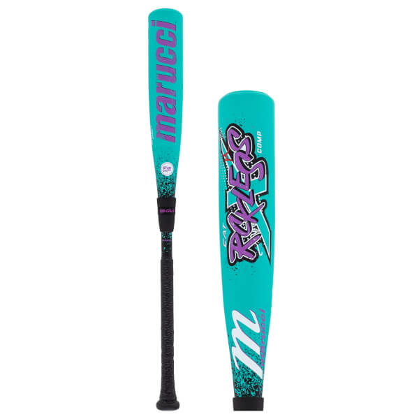 Front and barrel view of a teal baseball bat with purple Marucci and Rckless Comp text, and splatter design.