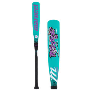 Front and barrel view of a teal baseball bat with purple Marucci and Rckless Comp text, and splatter design.