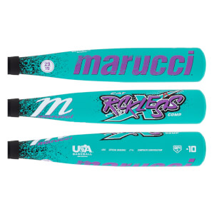 Side view of a teal baseball bat with purple marucci logo, Rckless graphic, and black speckled pattern.