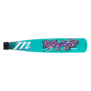 Side view of a teal baseball bat with a white Marucci M logo and purple Rckless CAT COMP text.