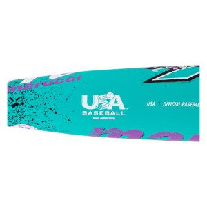 Close-up of a turquoise baseball bat with white Marucci branding, a prominent USA Baseball logo, and black splatter pattern.