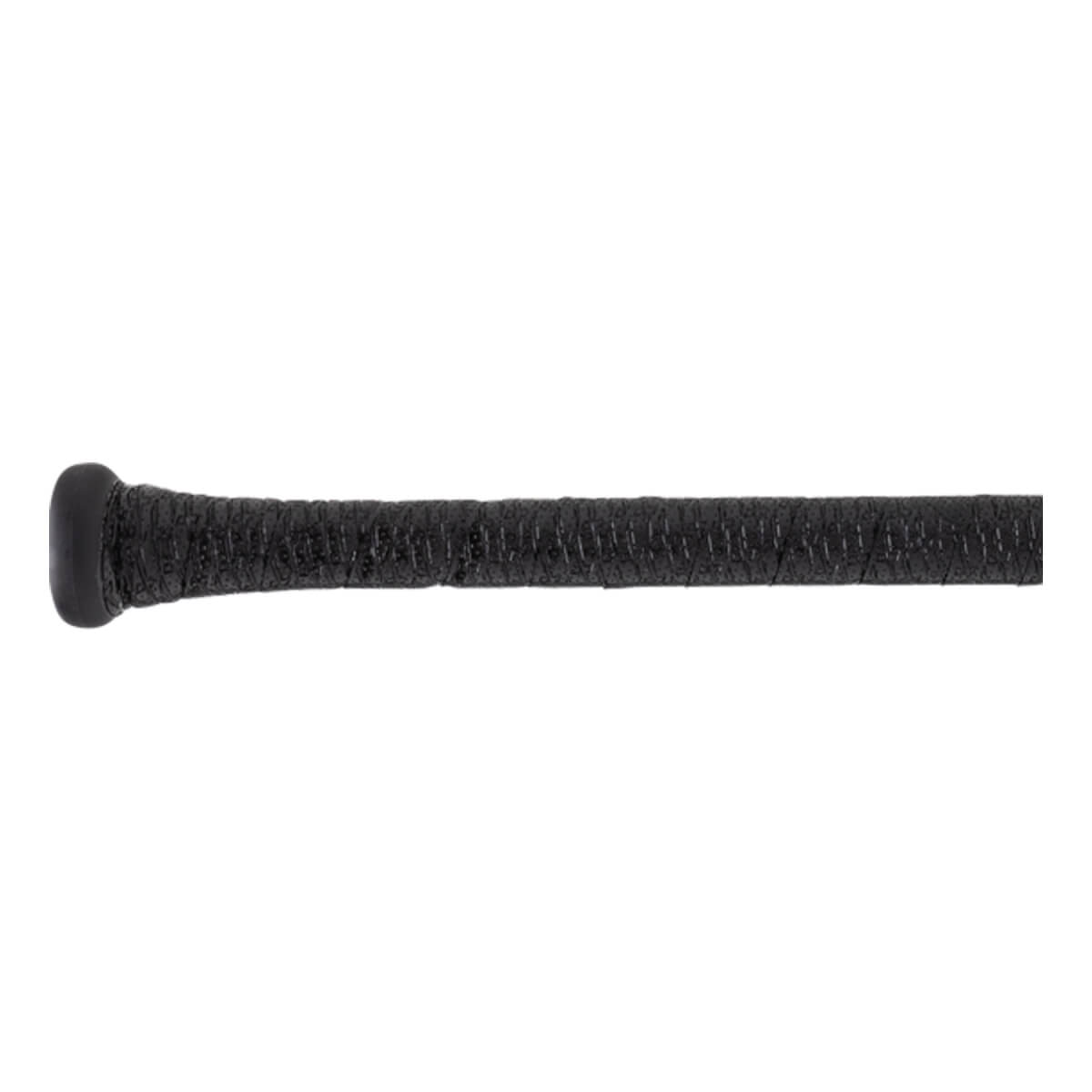 Close-up of a black baseball bat handle with a textured grip and a rounded knob.