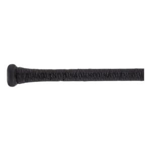 Close-up of a black baseball bat handle with a textured grip and a rounded knob.