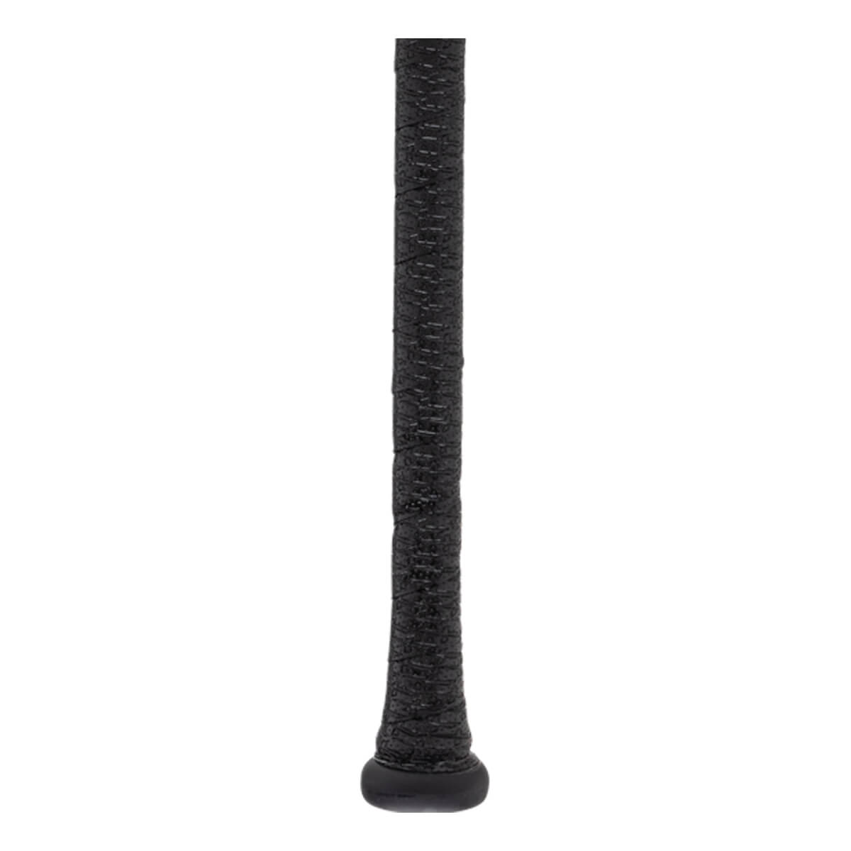 Close-up of a black baseball bat handle with a textured grip and a black knob.