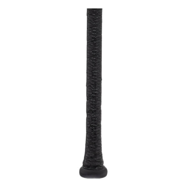 Close-up of a black baseball bat handle with a textured grip and a black knob.