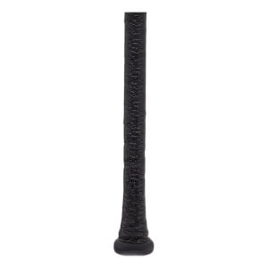Close-up of a black baseball bat handle with a textured grip and a black knob.