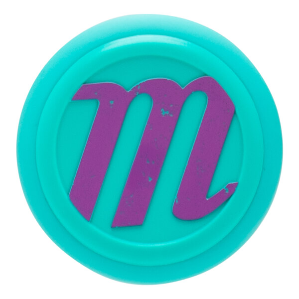 End cap view of a teal baseball bat with a raised purple m logo and concentric rings.
